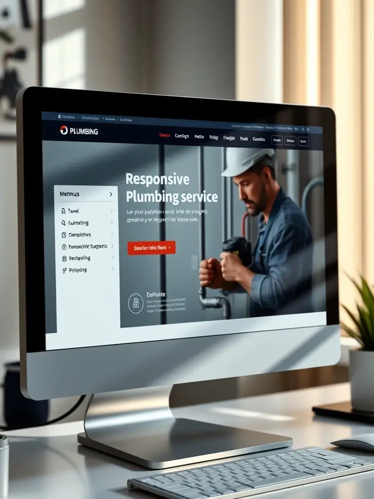 A sleek, modern WordPress website displayed on a desktop monitor, showcasing responsive design and user-friendly navigation, tailored for a plumbing company.