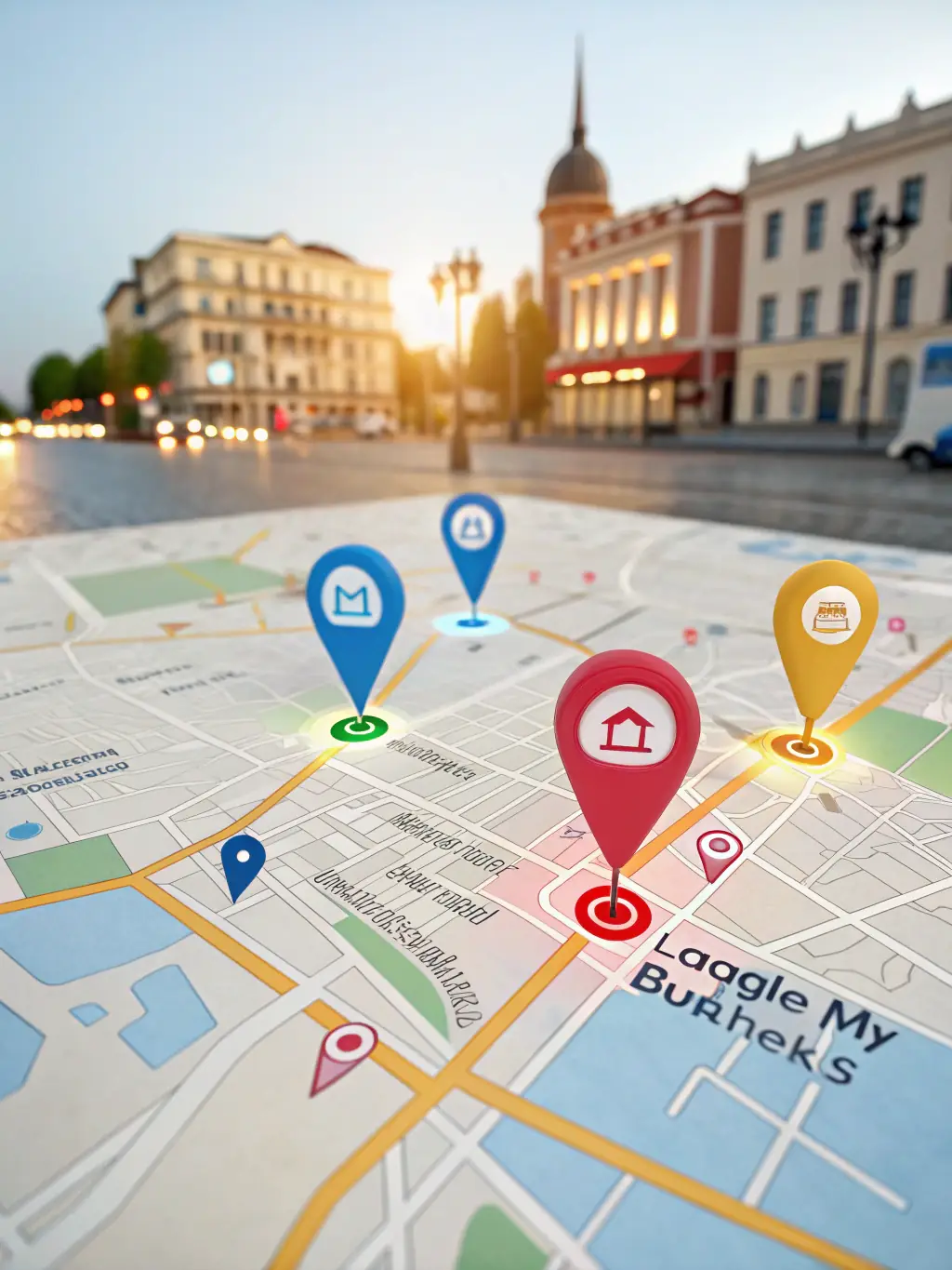 An illustration of a map with location pins highlighting local search results and increased visibility for an HVAC business.