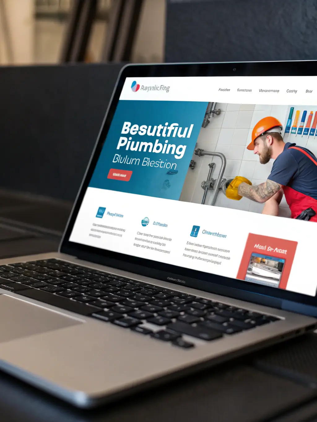 A clean, modern website design showcasing a plumbing company's services, with clear calls-to-action for immediate service requests.